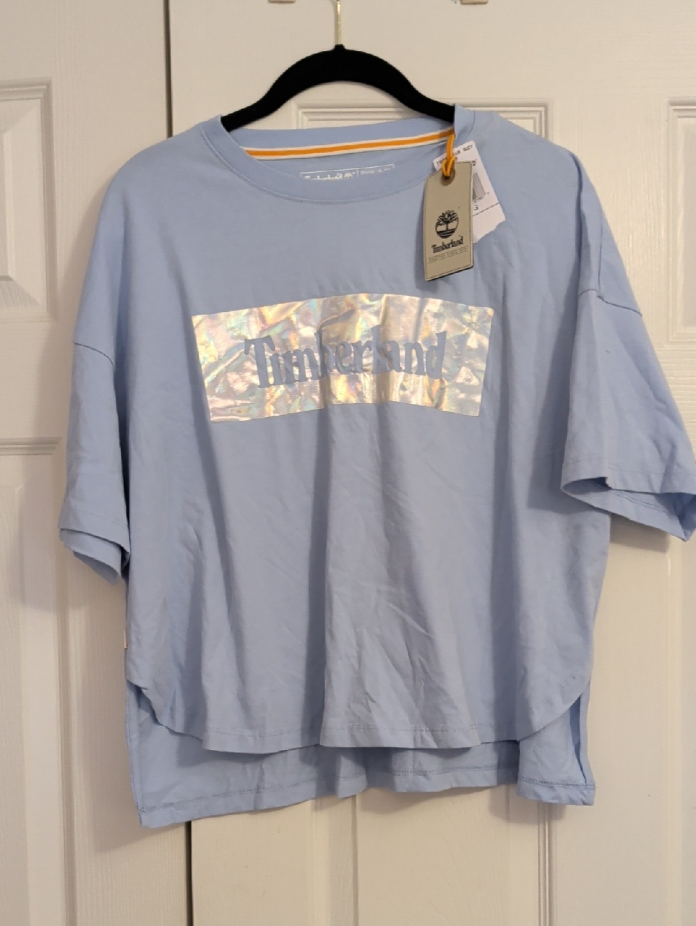 Timberland Metallic Blue Logo Crop Top NWT